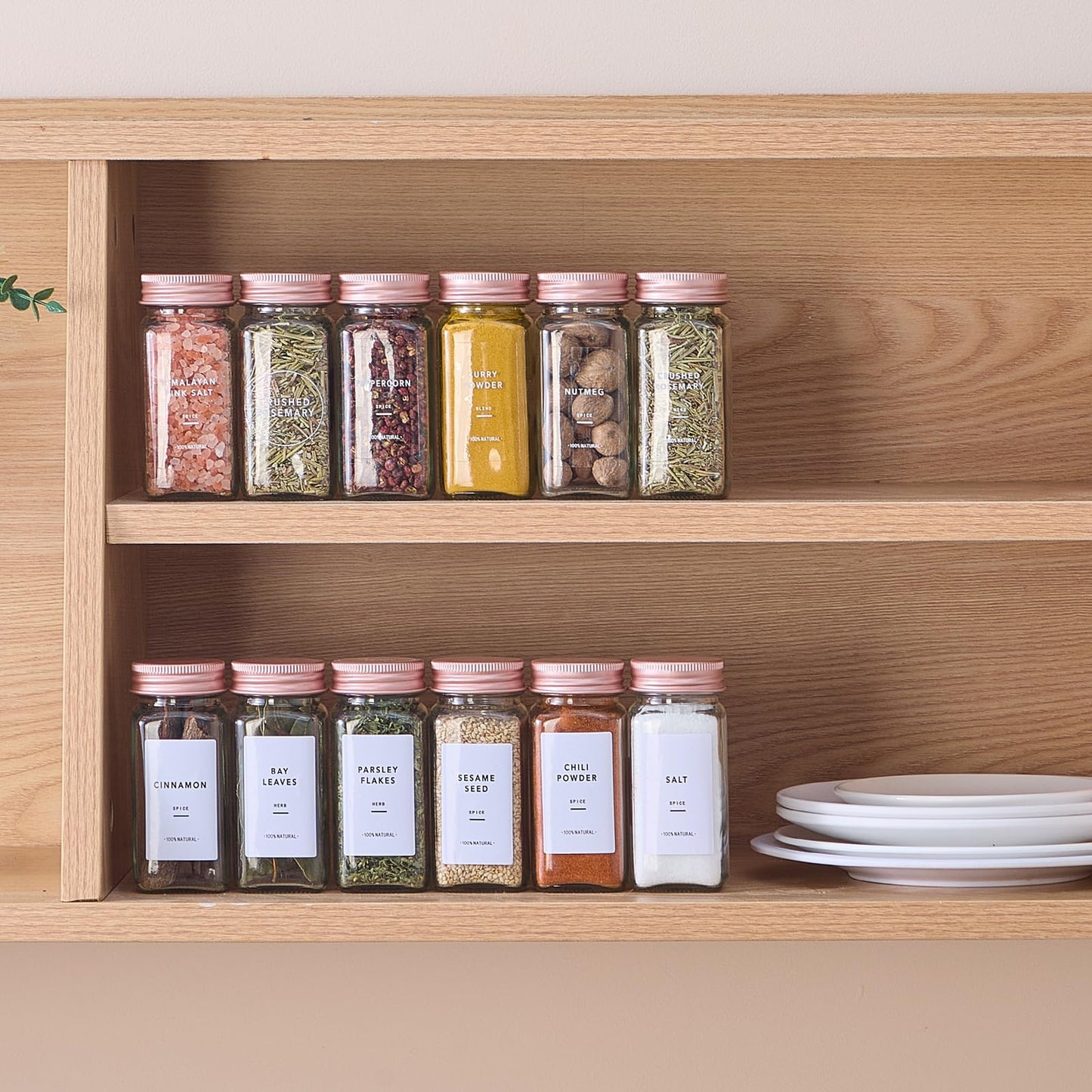 Fiwence 24 Pcs Glass Spice Jars with Labels and Pink Metal Caps, 4oz Empty Spice Containers with Shaker Lids, Funnel, Pen,Seasoning Storage Bottles for Spice Rack, Cabinet, Drawer