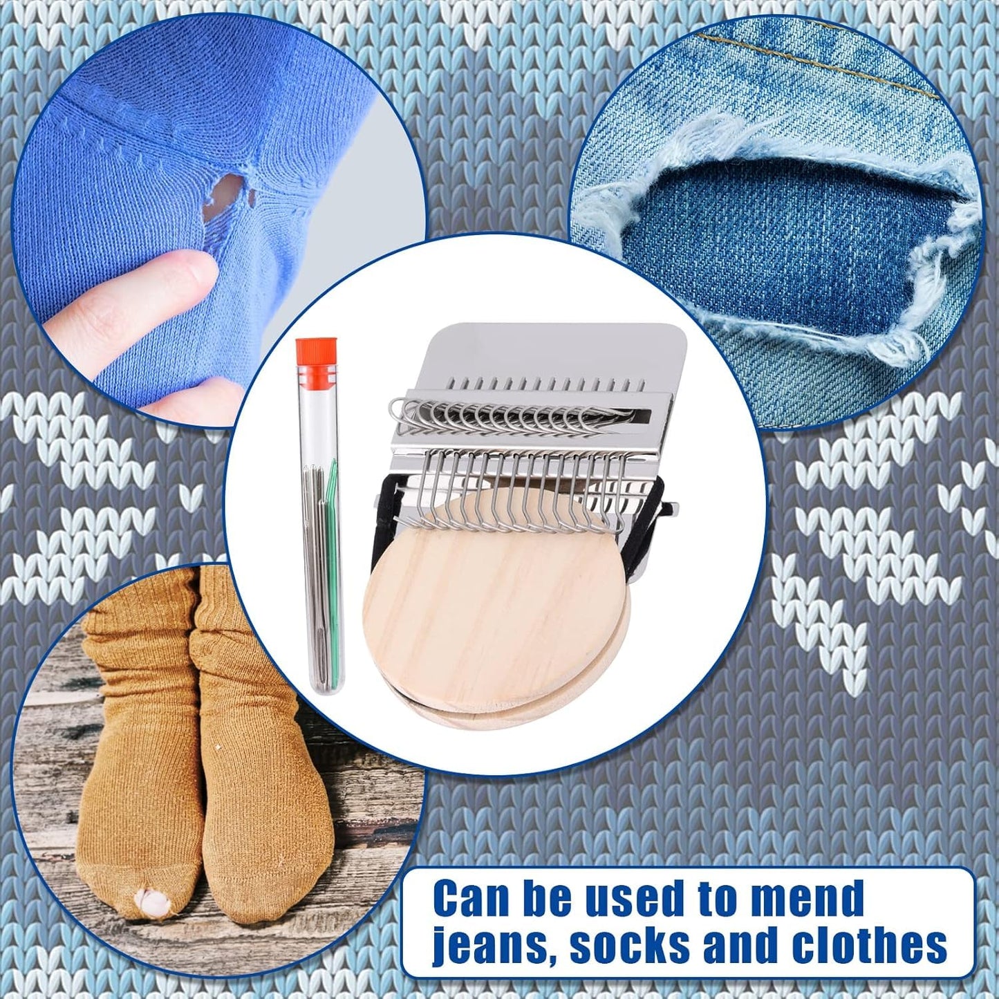 Darning Loom, Speedweve Weaving Repair Mini Loom Machine Small Darning Loom Tool for Beginners Quickly Knitting Mending Jeans Socks DIY Speed Weave Arts (14 Hooks, with Bend Needles)