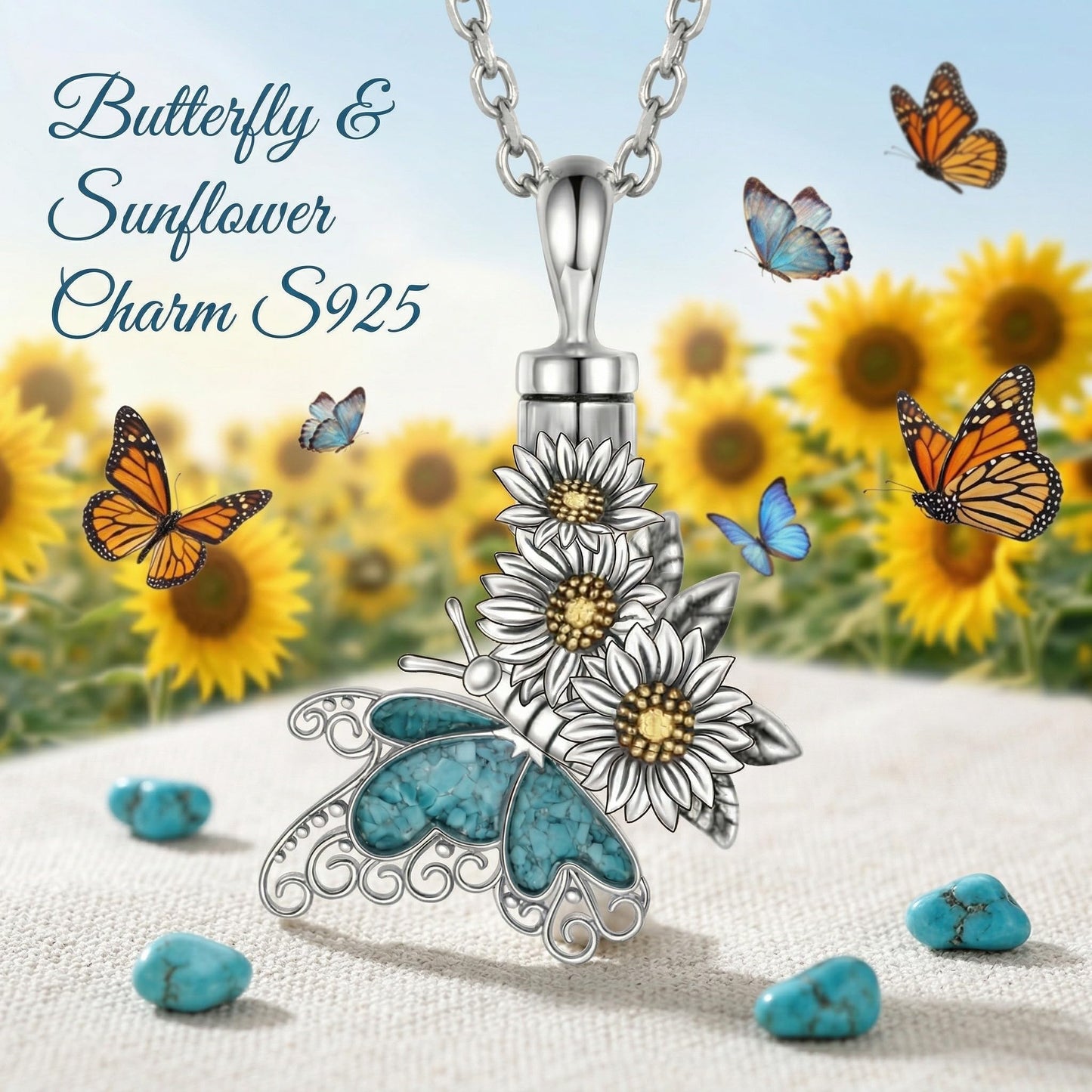 HKPATOP Butterfly Urn Necklace for Ashes 925 Sterling Silver Turquoise Daisy Pendant Cremation Memorial KeepsakeJewelry Gift for Women