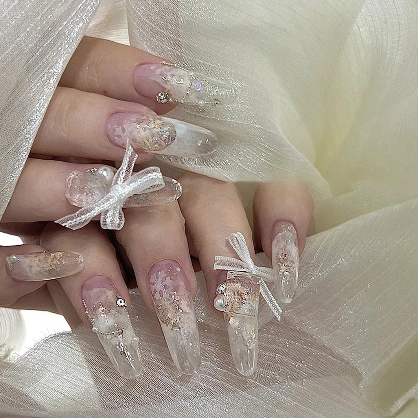 JERCLITY 3 Boxes Nail Decoration Set 48pcs Chiffon Fabric Bow Nail Charms 48pcs Ribbon Bow Charms 72pcs Rose Nail Charms with Pearls for Women Nail Art