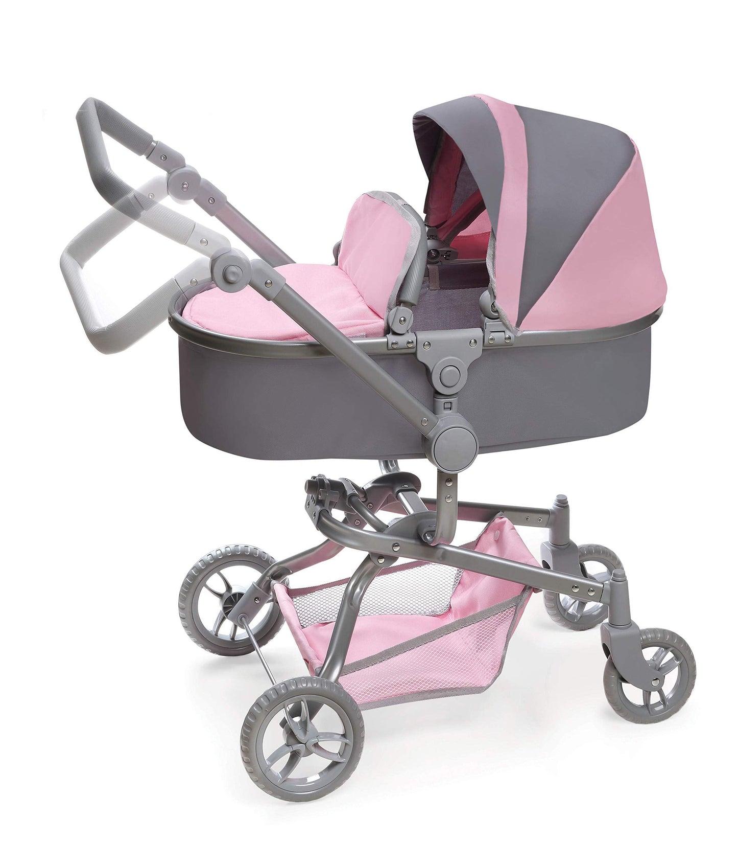 Badger Basket Foldable Doll Stroller & Pram for Dolls - Convertible Toy with Canopy, Basket & Soft Handle - Lightweight, Easy to Use for Girls Ages 3+- Gray/Pink