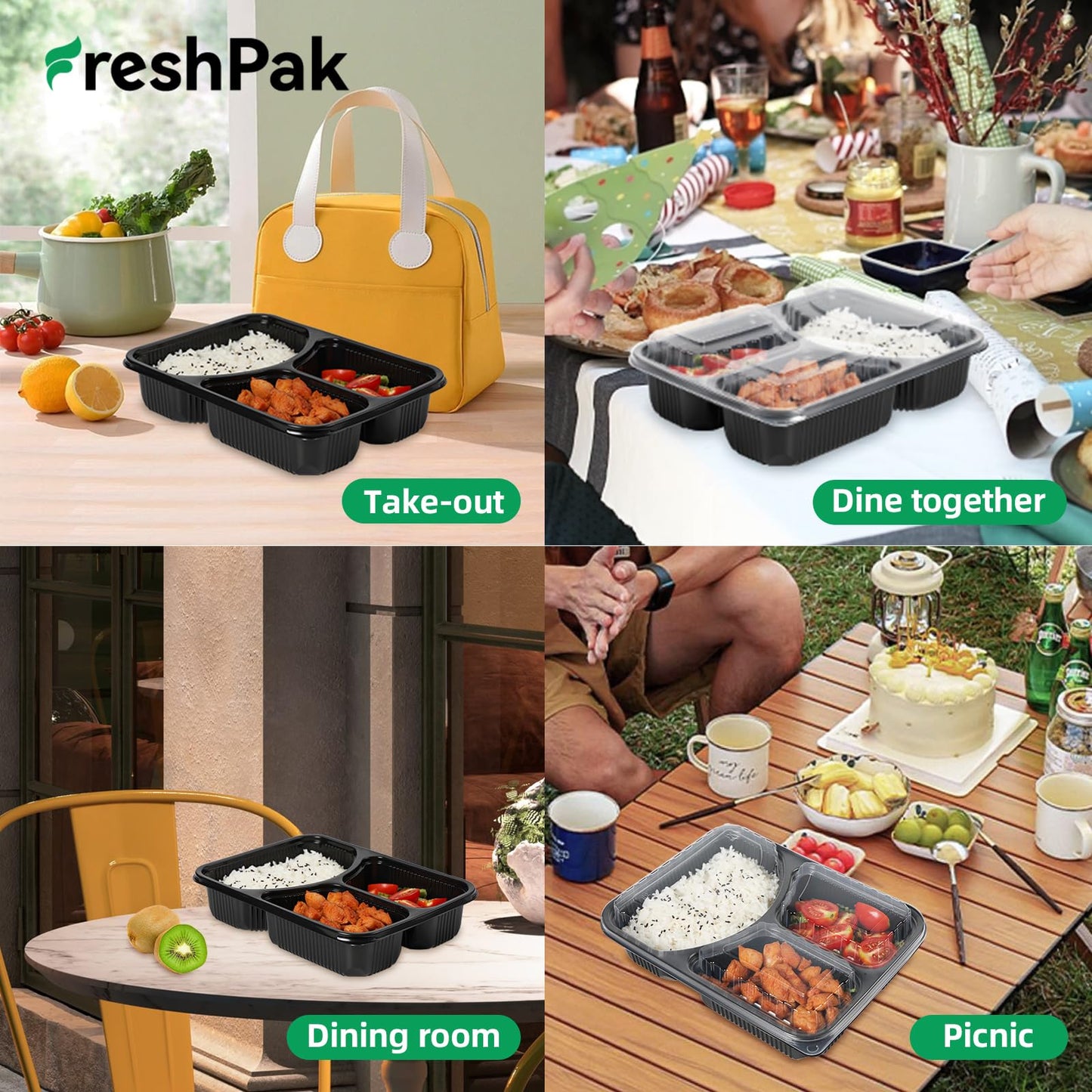 FRESHPAK Food Containers Reusable 40 Pack 38oz - Shrink Wrap Leakproof | Portion Control Leftover Plastic Container with Lid | BPA Free Freezer & Microwave Safe Meal Prep | 3 Compartment Takeout Boxes