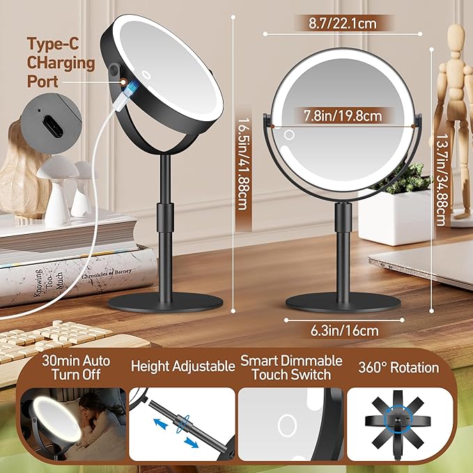 Magnifying Mirror with Light 20X, Height-Adjustable Lighted Makeup Mirror with Magnification, Double - Sided Aluminum Alloy LED Mirrors, 3 Lighting Modes Ideal for Bathroom Make-up, Black