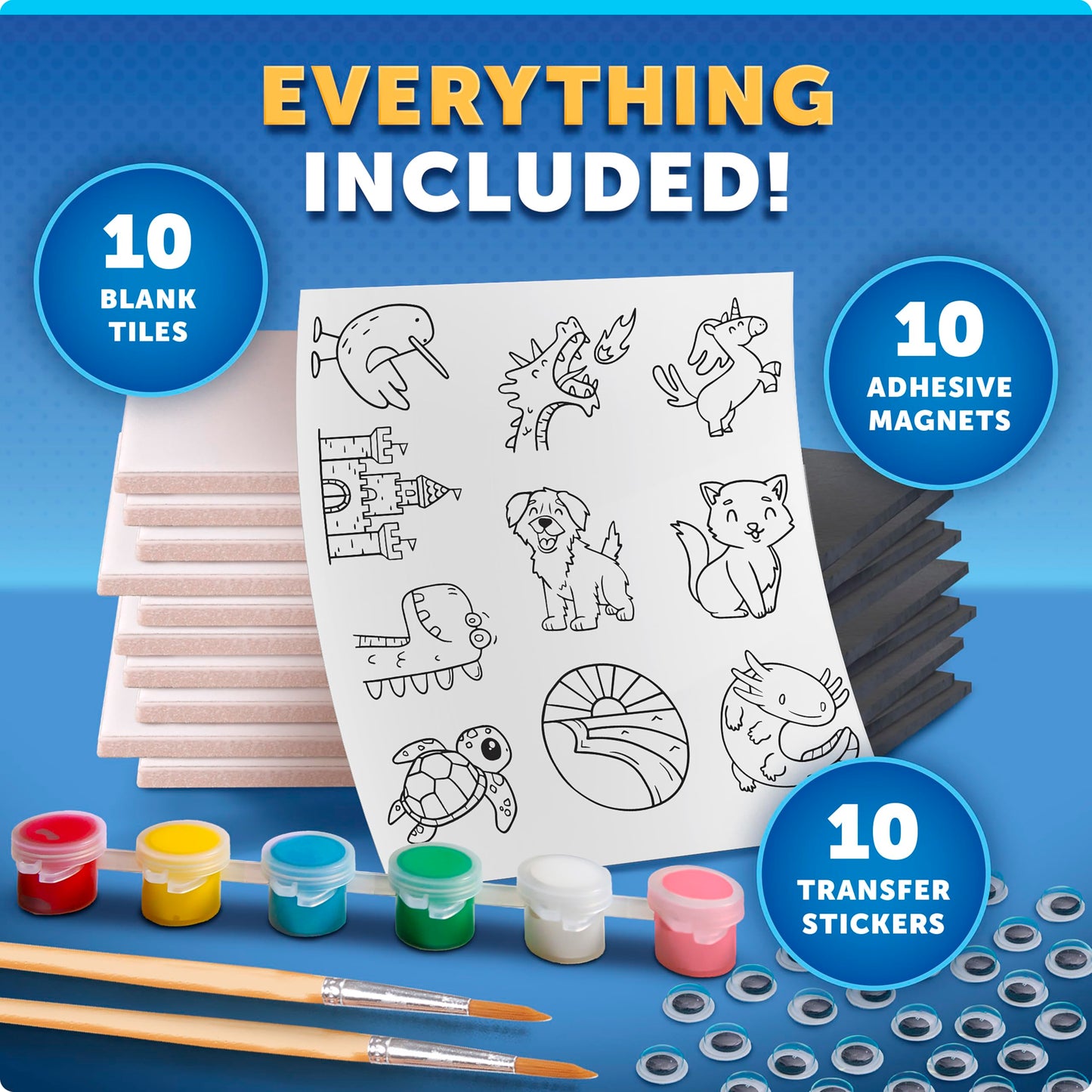 Blue Marble Magnetic Tile Art Craft Kit - Paint Your Own Magnetic Mini Tiles, Includes 10 Tiles, Magnets, 6 Paints, Brush, Googly Eyes & Transfer Stickers, Magnet Art Kit, DIY Magnets for Kids