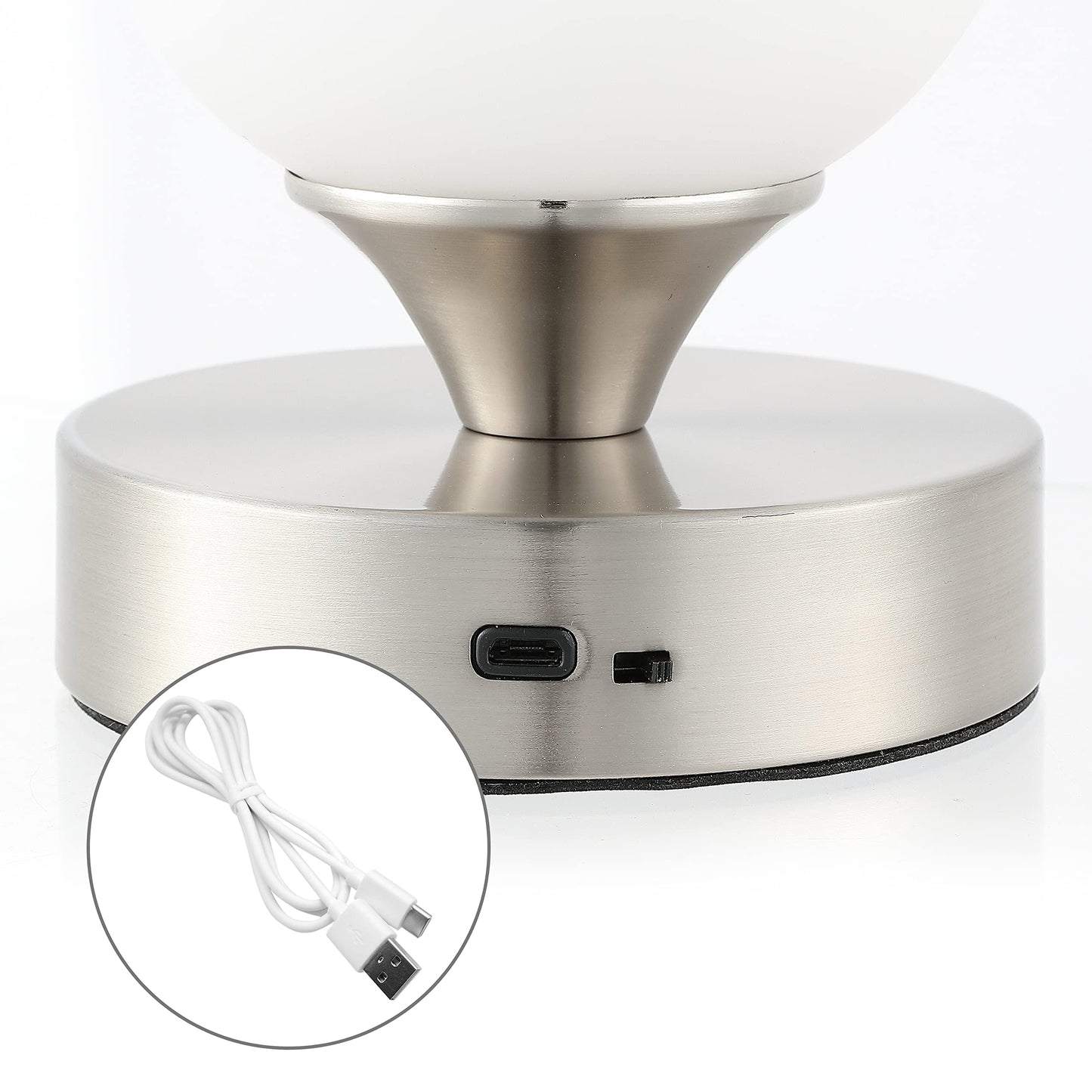 JONATHAN Y 6.13" Nickel/White Modern Cordless Rechargeable LED Table Lamp, Frosted White Glass Shade, Touch Dimmable Mini Accent Light for Bar, Bedroom, Nightstand (JYL7112B)