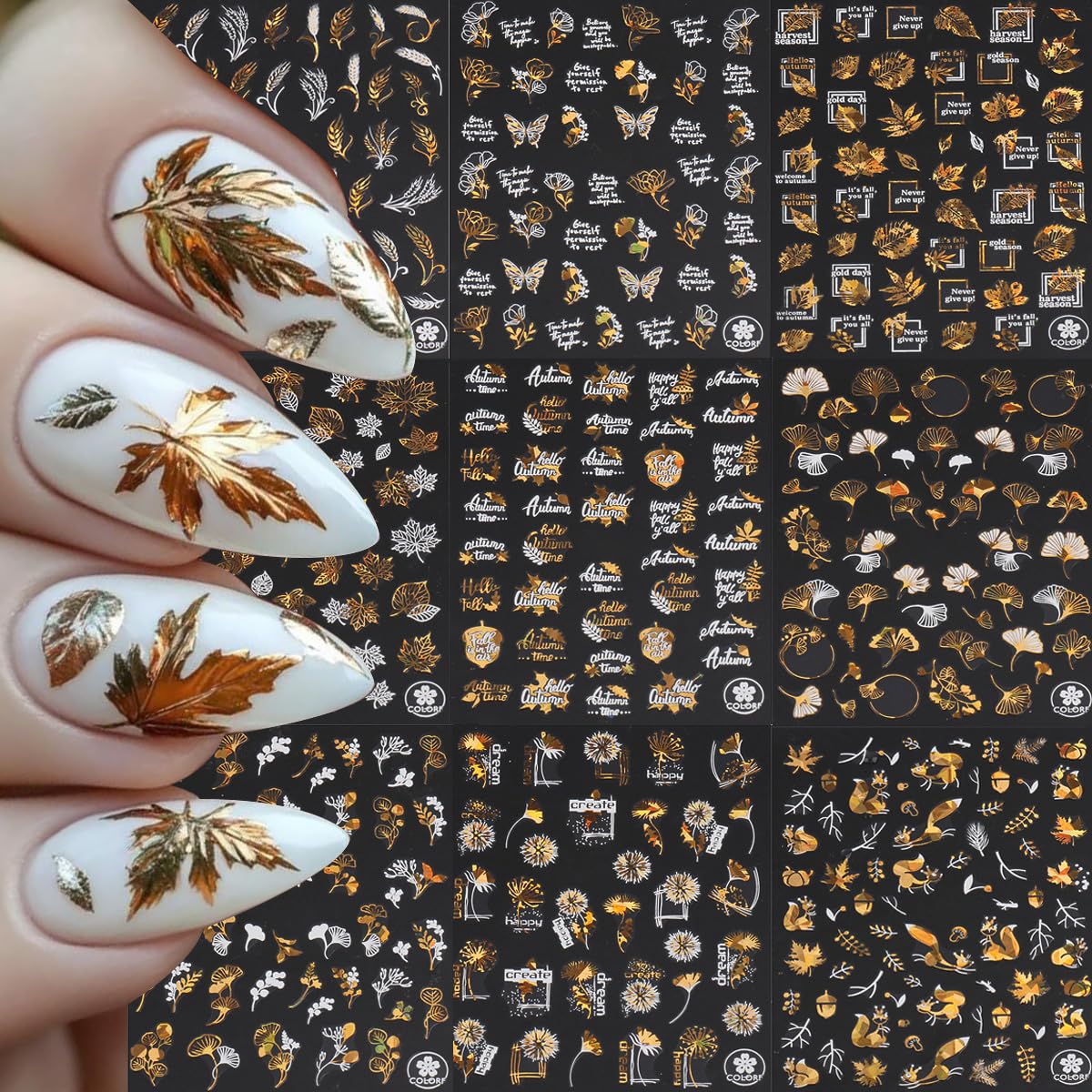 9 Sheets Fall Nail Art Stickers Maple Leaf Nail Decals Flower Tree Nail Design Decals 3D Self-Adhesive Glitter Gold Nail Stickers Thanksgiving Holiday Nail Art Decoration for Women Manicure Tips