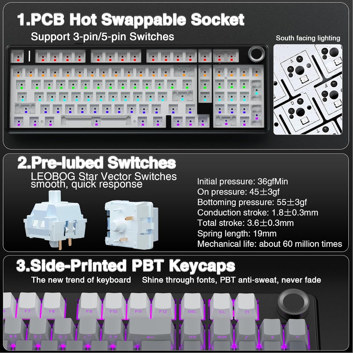AULA F99 Pro Wireless Mechanical Keyboard with Knob,Tri-Mode BT5.0/USB-C/2.4GHz Hot Swappable Keyboard,Pre-lubed Switches,RGB Backlit PBT Keycaps Computer Gaming Keyboards (Side Printed Black)