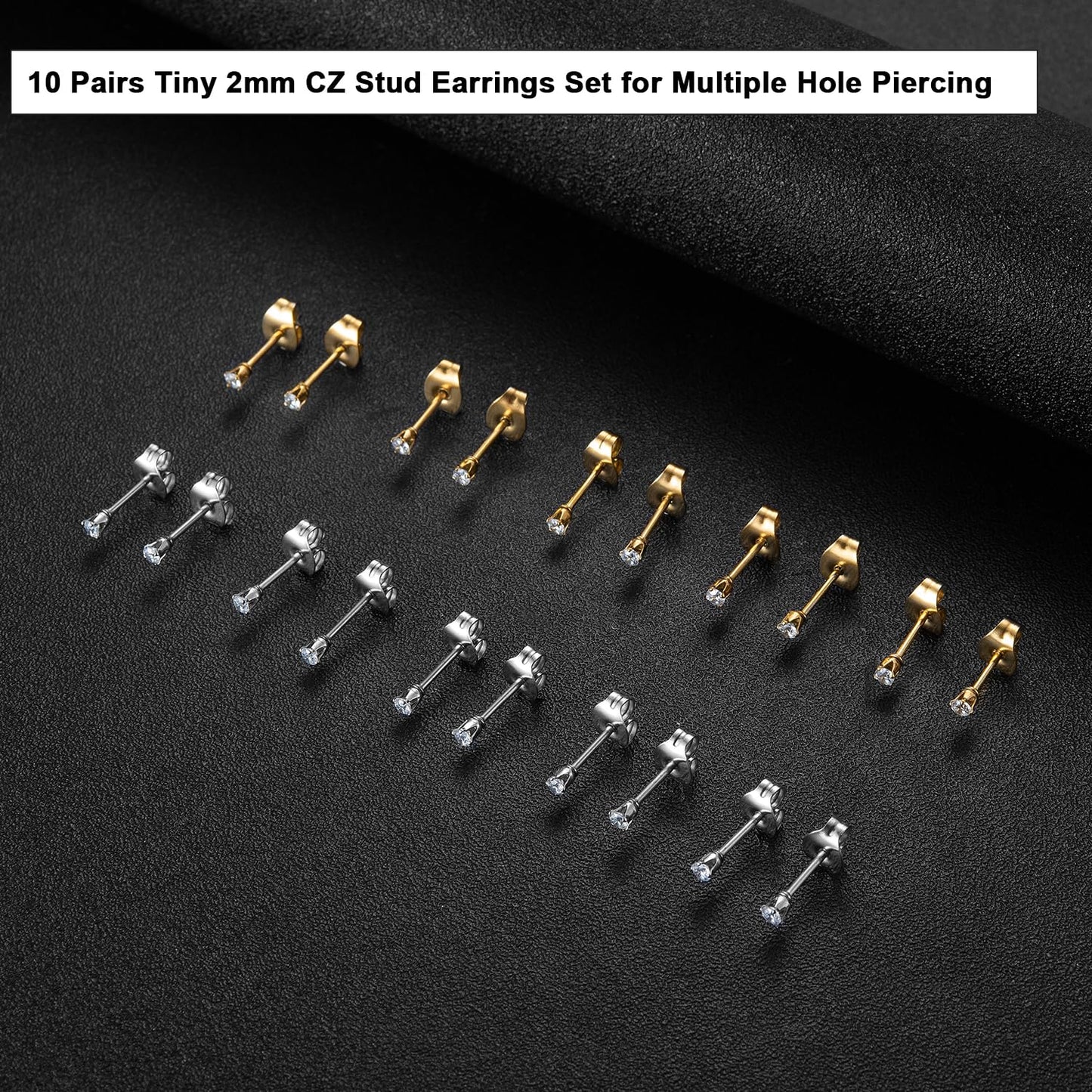 10 Pairs Tiny 2mm Stud Earrings Set for Women Men, Surgical Steel 20G Small Stack Round Cubic Zirconia Earrings for Multiple Piercing, Hypoallergenic Piercing Studs for Sensitive Ears Gold & Silver