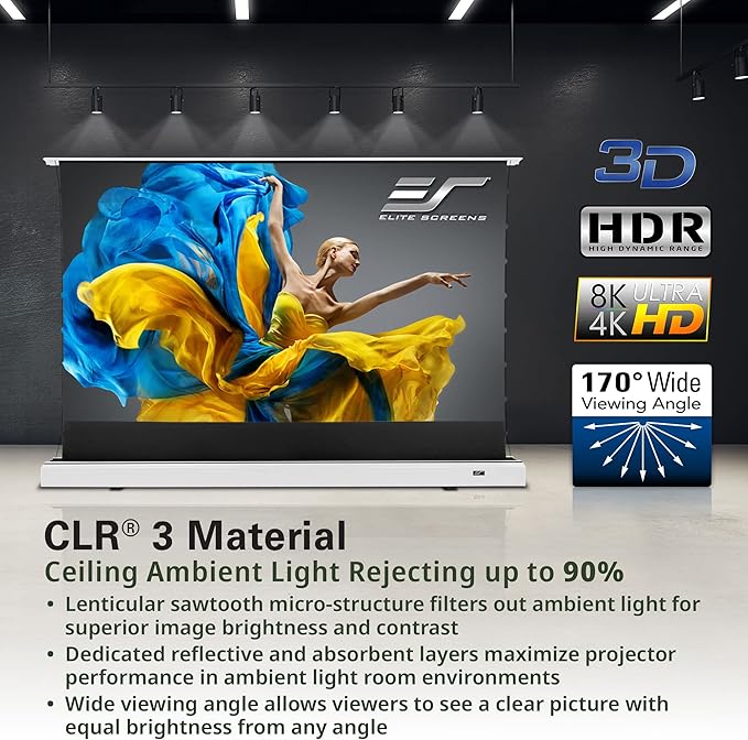 Elite Screens Kestrel Tab-Tension 2 CLR3, 121" 16:9, Ultra-Short Throw Ceiling Ambient Light Rejecting (CLR/ALR) Electric Floor-Rising Motorized Front Projector Screen, White Casing, FTE121XH3-CLR3