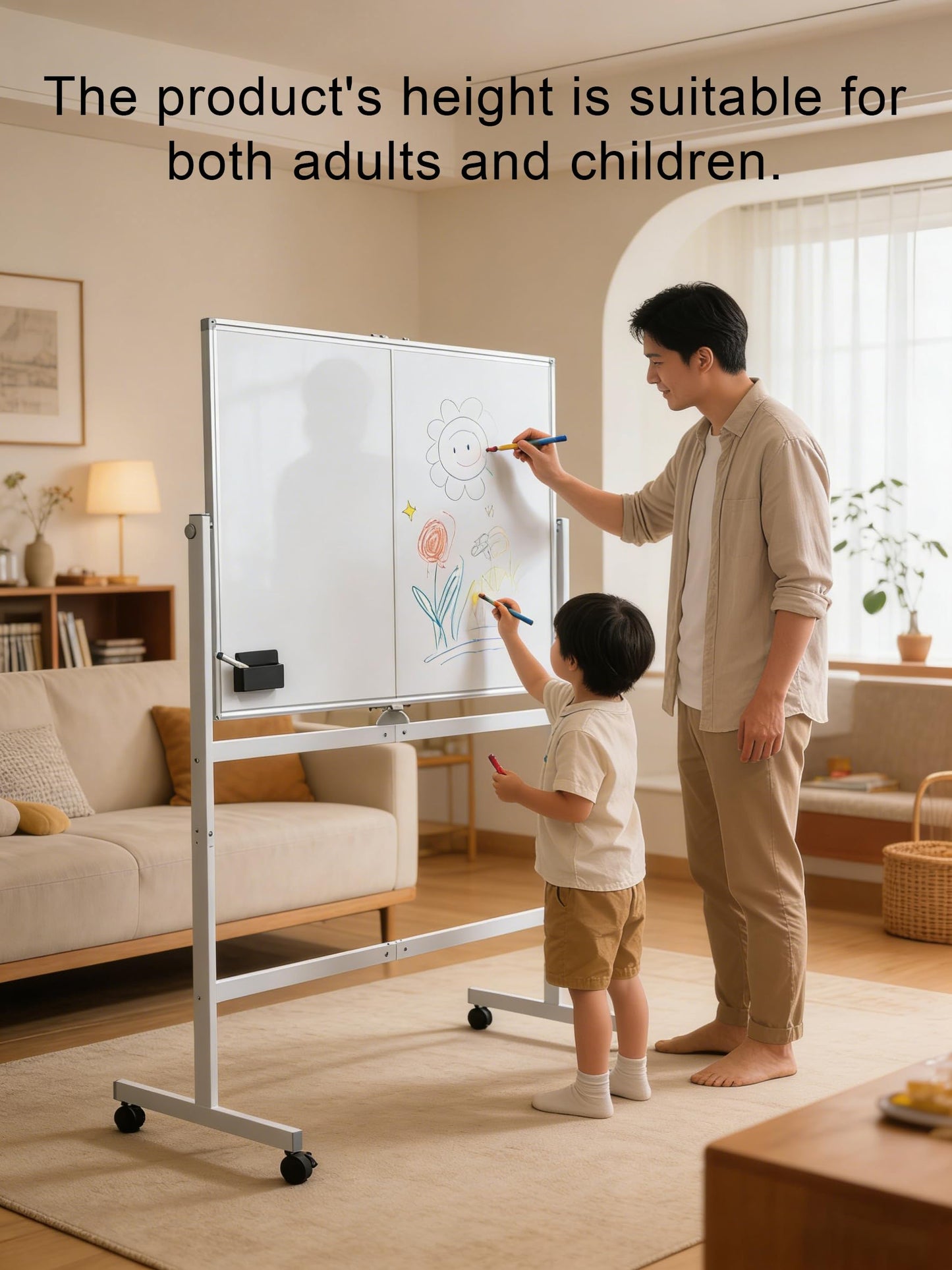 Large Rolling Magnetic Whiteboard on Wheels, 48" x 32" Double-Sided Mobile White Board with Stand, Portable Standing Dry Erase Board Easel with Lockable Wheels for Home Office Classroom School White