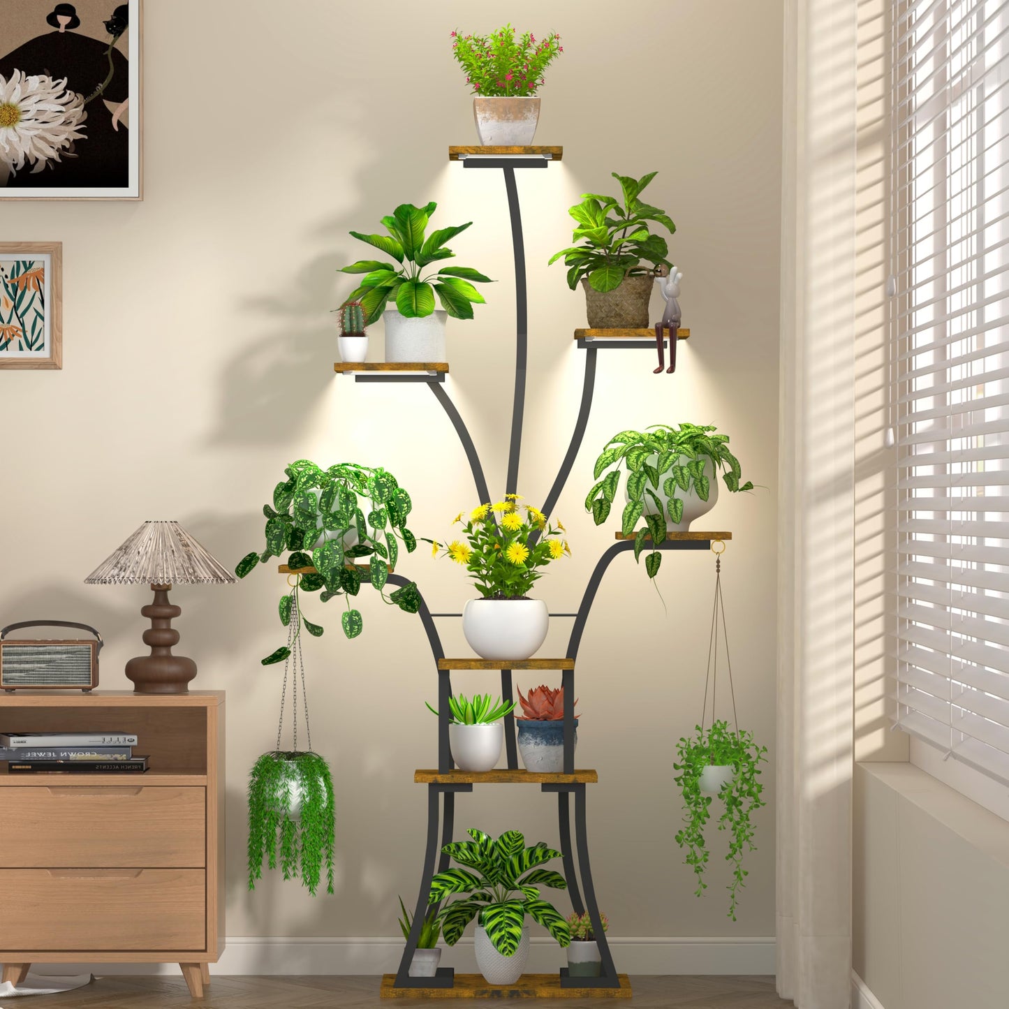 YIIHEERR 64" Tall 8 Tiered Plant Stand Indoor with Grow lights Large Tree Shape Decorative Rack Plant Pot Holder Gardening for Living Room Corner Black