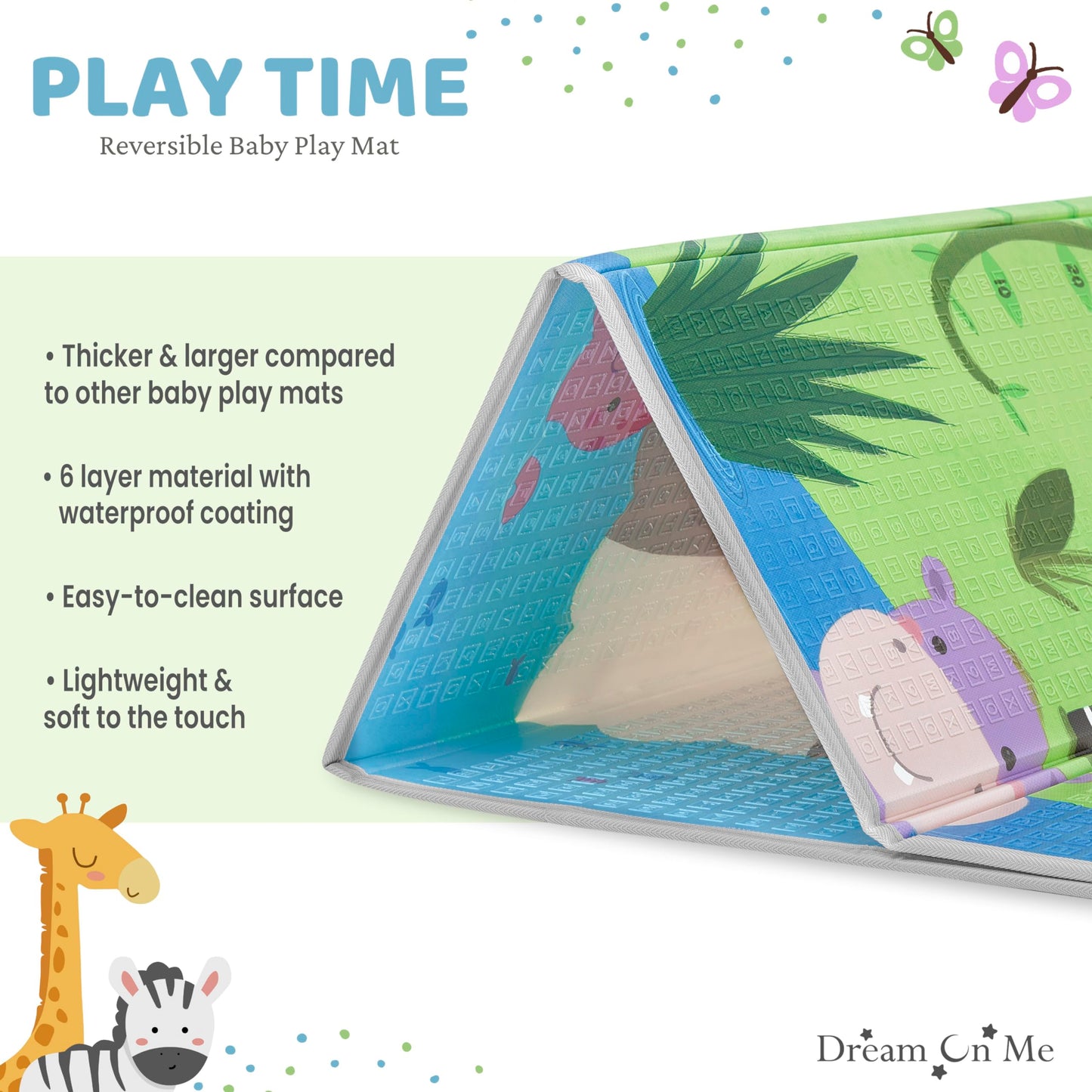Dream On Me Play Time Reversible Baby Play Mat Foldable Extra Large Thick Foam Crawling Playmats for Toddlers Waterproof Portable Playmat, Happy Feet