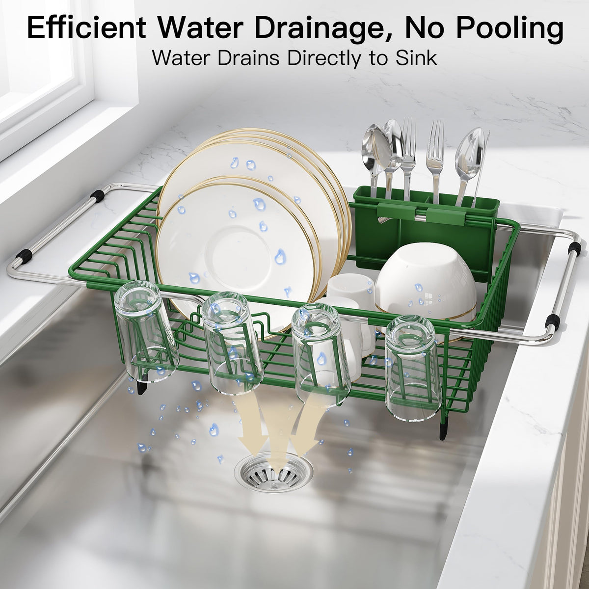 Green Dish Drying Rack in Sink with Drainboard and Utensil Holder