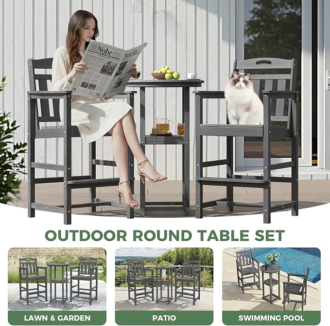HDPE Outdoor Patio Tall Adirondack Bar Chairs Set of 2, All-Weather Bar Height Balcony Adirondack Stools for Bistro, Garden, Backyard, Pool, Deck | Grey