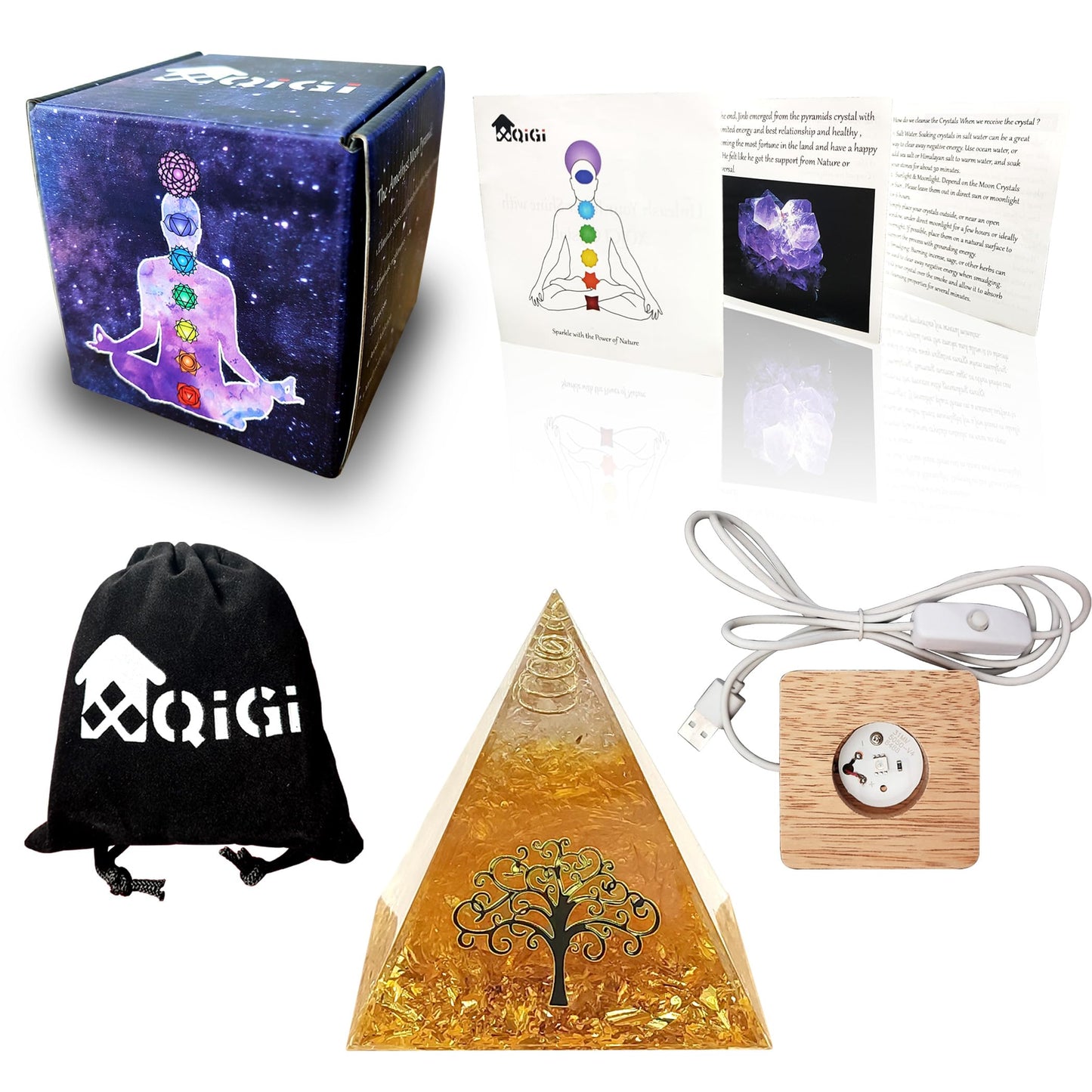 XQIGI Citrine Meditation Orgone Pyramid with Light Base– with Tree of Life – Ideal Chakra Crystal for Optimism Positivity Financial Abundance Luck Wealth Succes