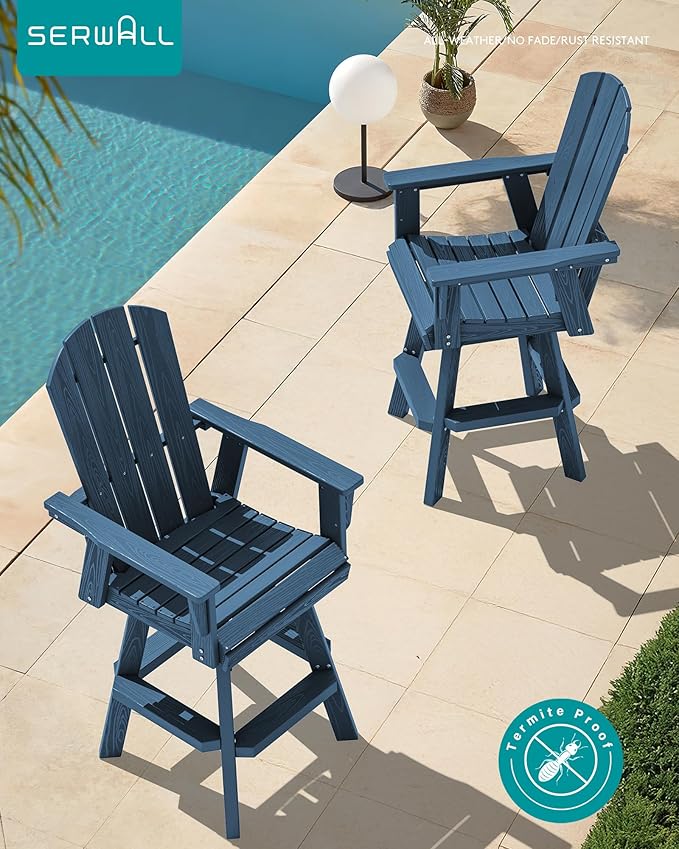 SERWALL Swivel Adirondack Bar Chairs Set of 4, HDPE Outdoor Swivel Barstools Chairs Set of 4 for Bistro, Poolside, Garden, Blue