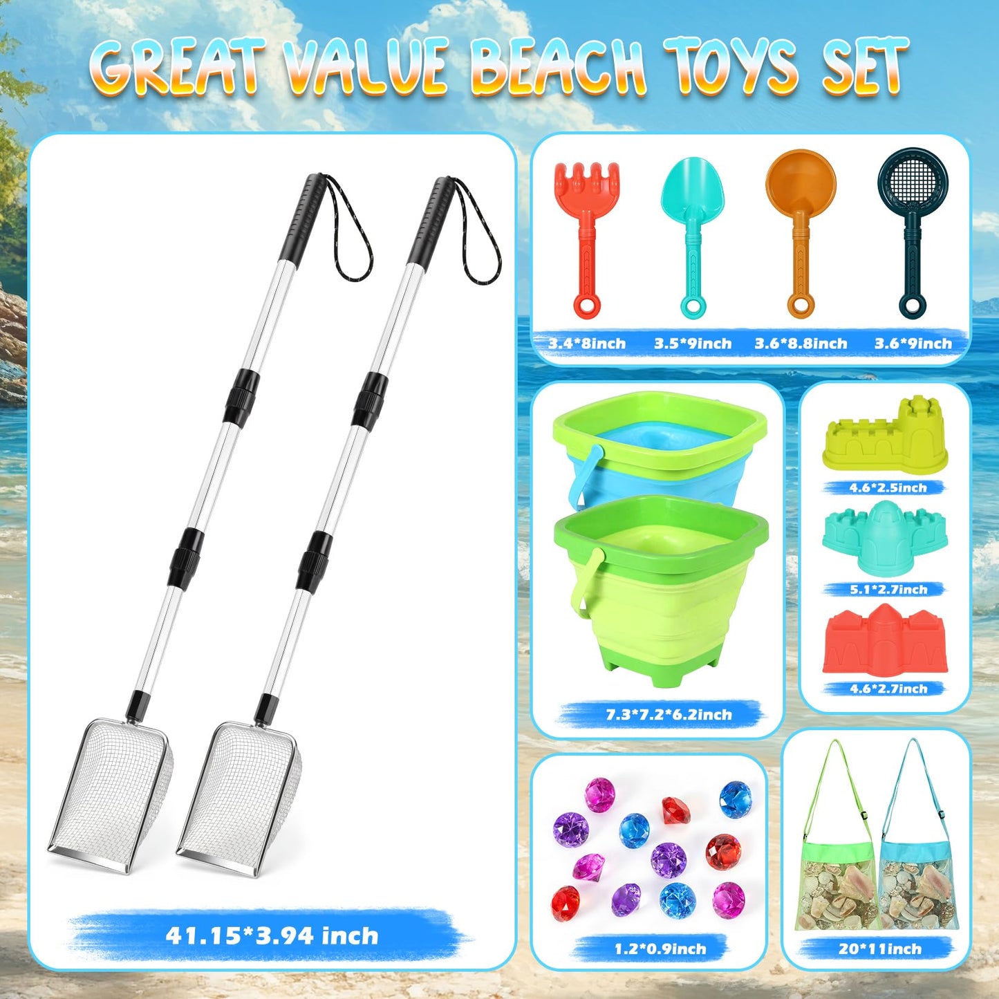 Beach Sand Toys Set with 2 PCS Adjustable Shark Tooth Sifter, Collapsible Beach Bucket,Sandbox Shovels,Sand Castle Kit,Diving Gem,Seashell Bags,Sand Sifter Shell Scooper Beach Essentials for kids 3-12