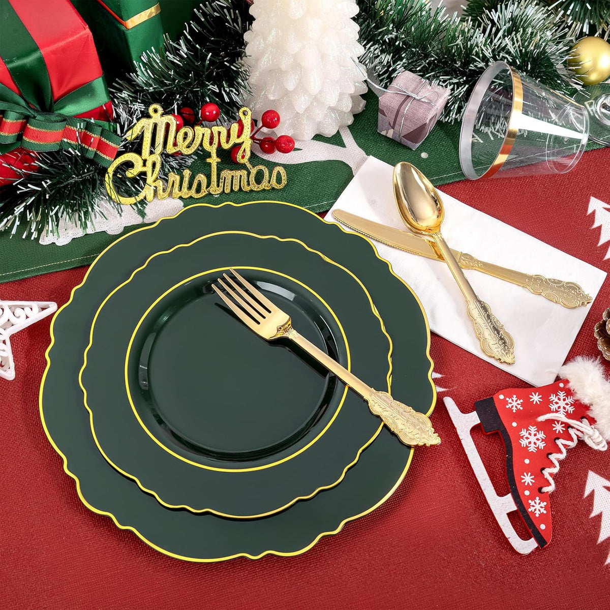 Liacere 350PCS Green Plastic Plates - Dark Green Disposable Plates With Gold Rim - 50Guest Baroque Plastic Dinnerware include 100Plates-50Pcs Pre Rolled Napkins with Silverware 50Cups for Christmas