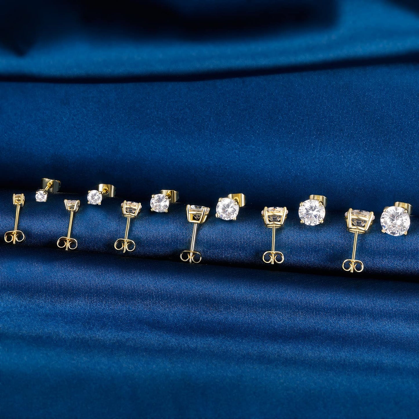 Gemsme 6 Pairs Cubic Zirconia Stud Earrings for Women/Men - Round Cut 4 Prong Settings 18K Gold Plated Hypoallergenic 3-8mm Clear Earrings Set - Gold