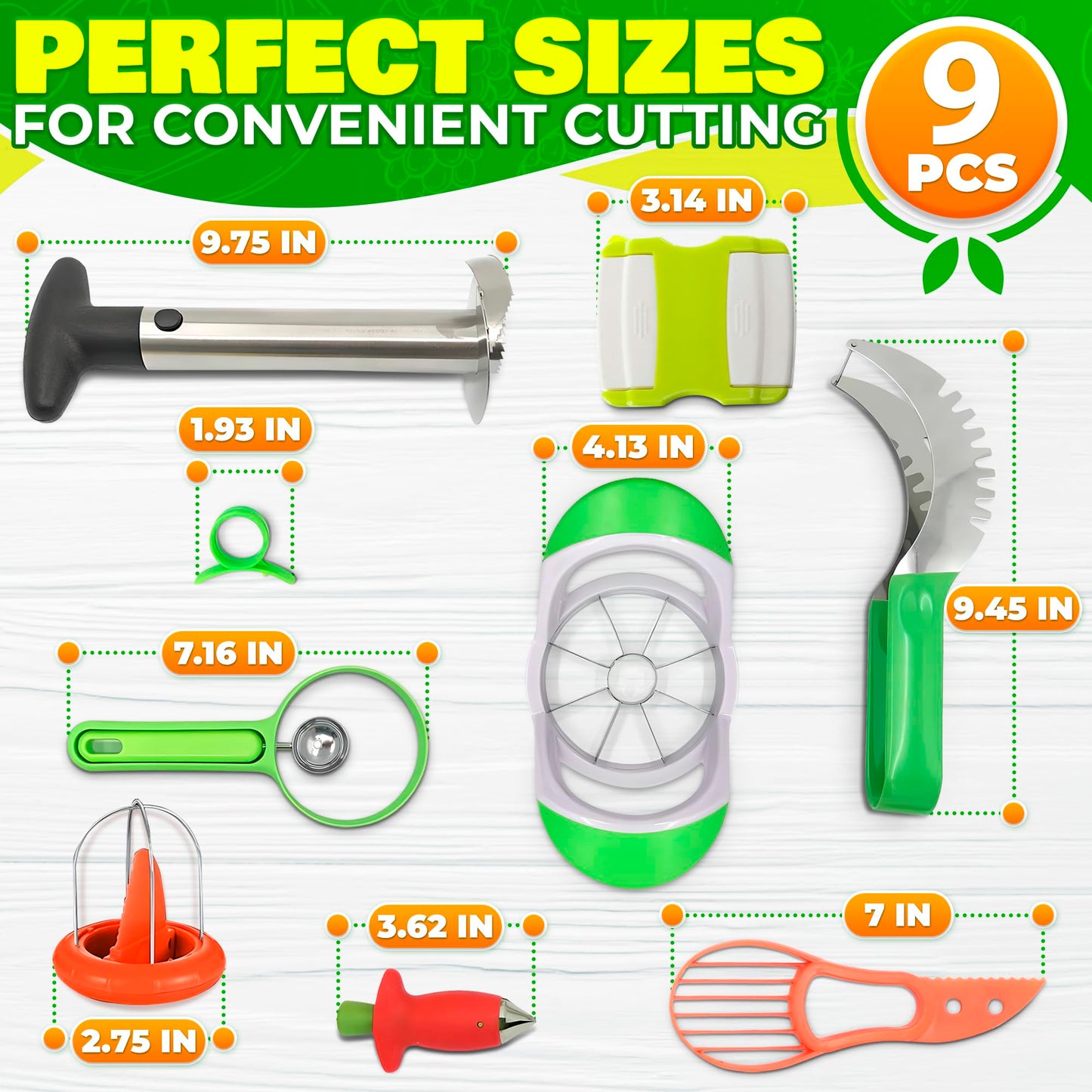 9 Pcs Pineapple Corer and Slicer Set โ Sturdy, Sharp & Easy to Clean Pineapple Slicer Tool with Fruit Corer, Slicers and Peelers โ Works for Apples, Melons, Avocados, Citrus, Berries, Bananas & More