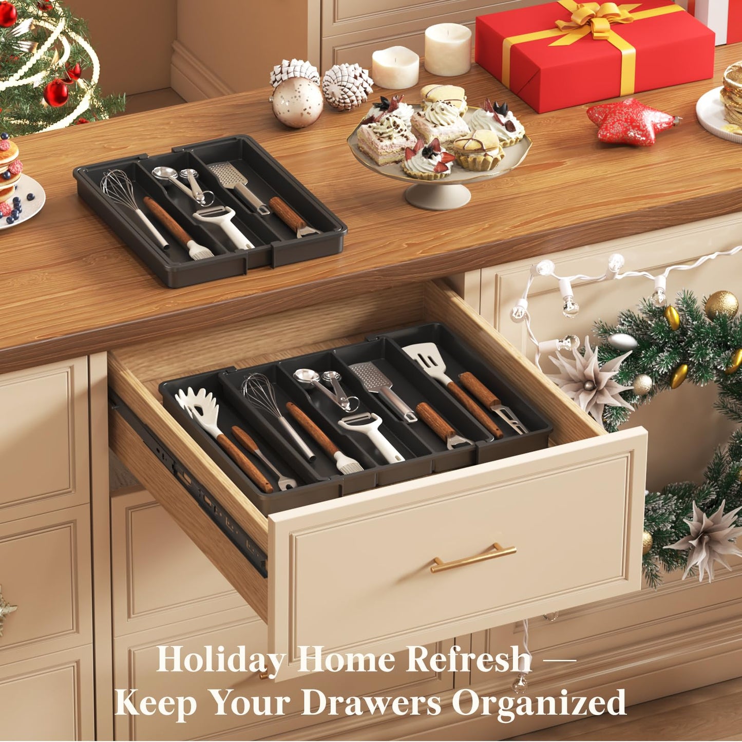 Lifewit Utensil Organizer for Kitchen Drawers, Expandable Cooking Utensil Tray, Adjustable Cutlery Silverware Flatware Holder, Plastic Spatula Tools Storage Divider, 11-18 x 14", Black
