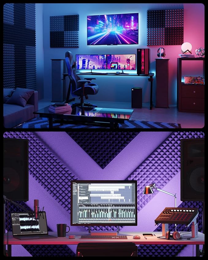 Sonicism Sound Proof Foam Panels for Walls Upgrade Self-Adhesive 12 Pack Pyramid 3"X12"X12" Acoustic Panels 35kg/m³High Density,Soundproof Wall Panels Fast Expand,Sound Absorption and Decoration,Black