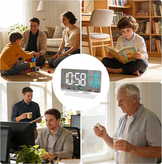 SZELAM Digital Clock,Alarm Clock Bedside,7.3'' Large LED Mirror with Date