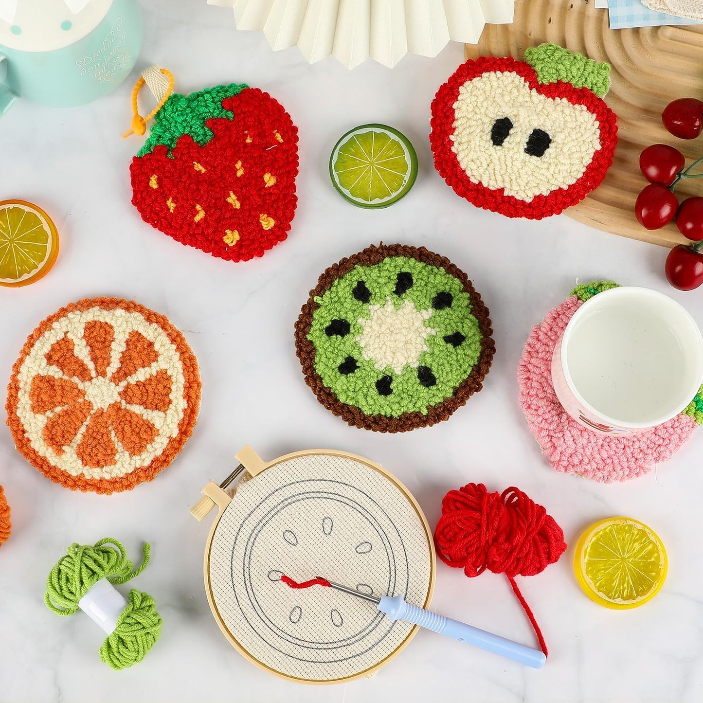 Justforjoyful 6 Set Punch Needle Embroidery Coasters Craft Kits Punch Needle Refrigerator Magnets Kit Tool Threader Fabric for Christmas Winter Beginners Adults DIY Handmade Gifts Party(Fruit)