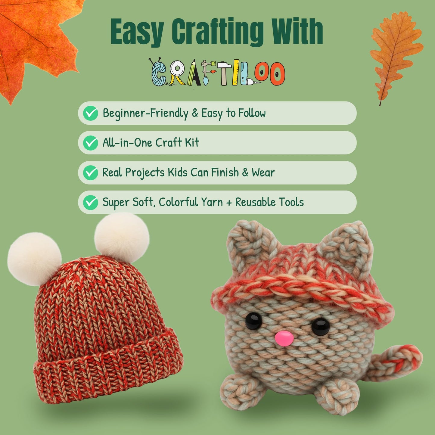 CRAFTILOO Knitting Kit for Kids – Beginner Knitting Kit to Make a Hat & Cat – Quick Knit Loom Kit with Yarn, Tools & Instructions