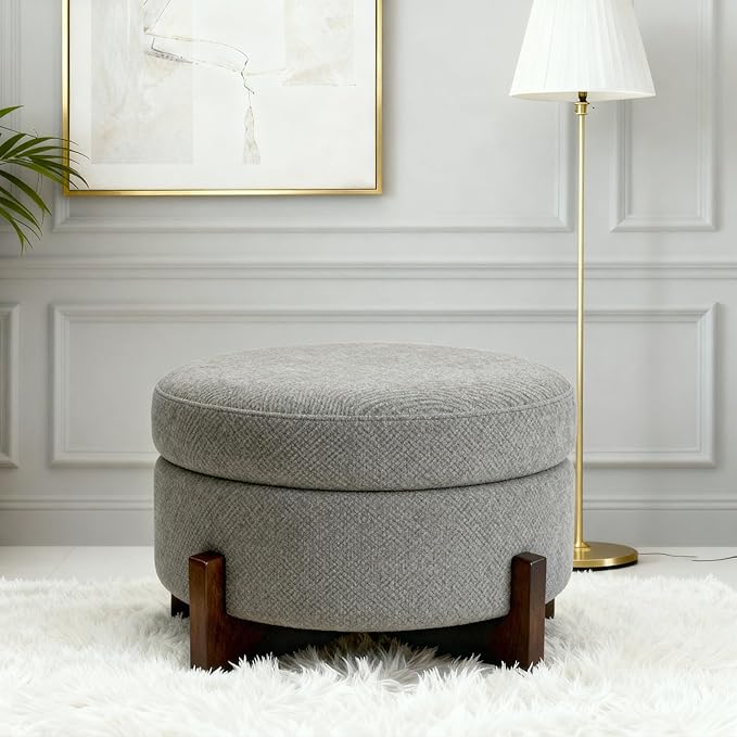 modscape 24-Inch Large Round Chenille Storage Ottoman Coffee Table Upholstered Velent Ottoman Table for Living Room Soft Tufted Circle Boucle Ottoman with Lift-Off Lid X-Base (Gray, 24in-X-Base)