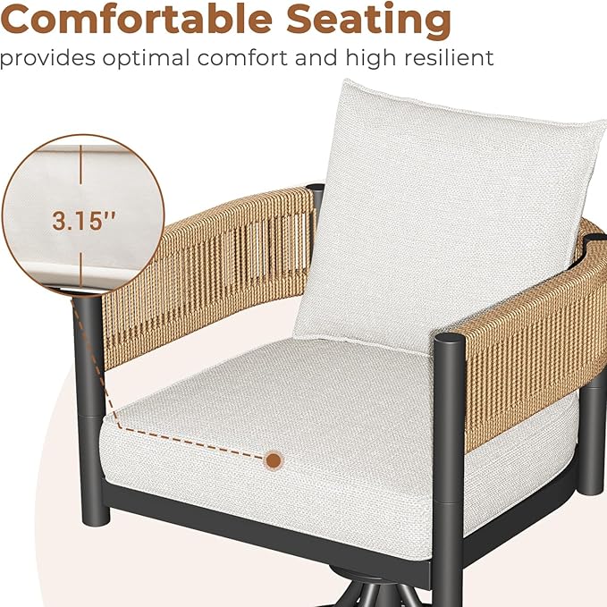 Grand patio 7-Piece Outdoor Dining Set for 6, Metal Woven Wicker Swivel Patio Chairs with Thickened Cushions & 1 Walnut-Like Aluminum Dining Table for Backyard Deck