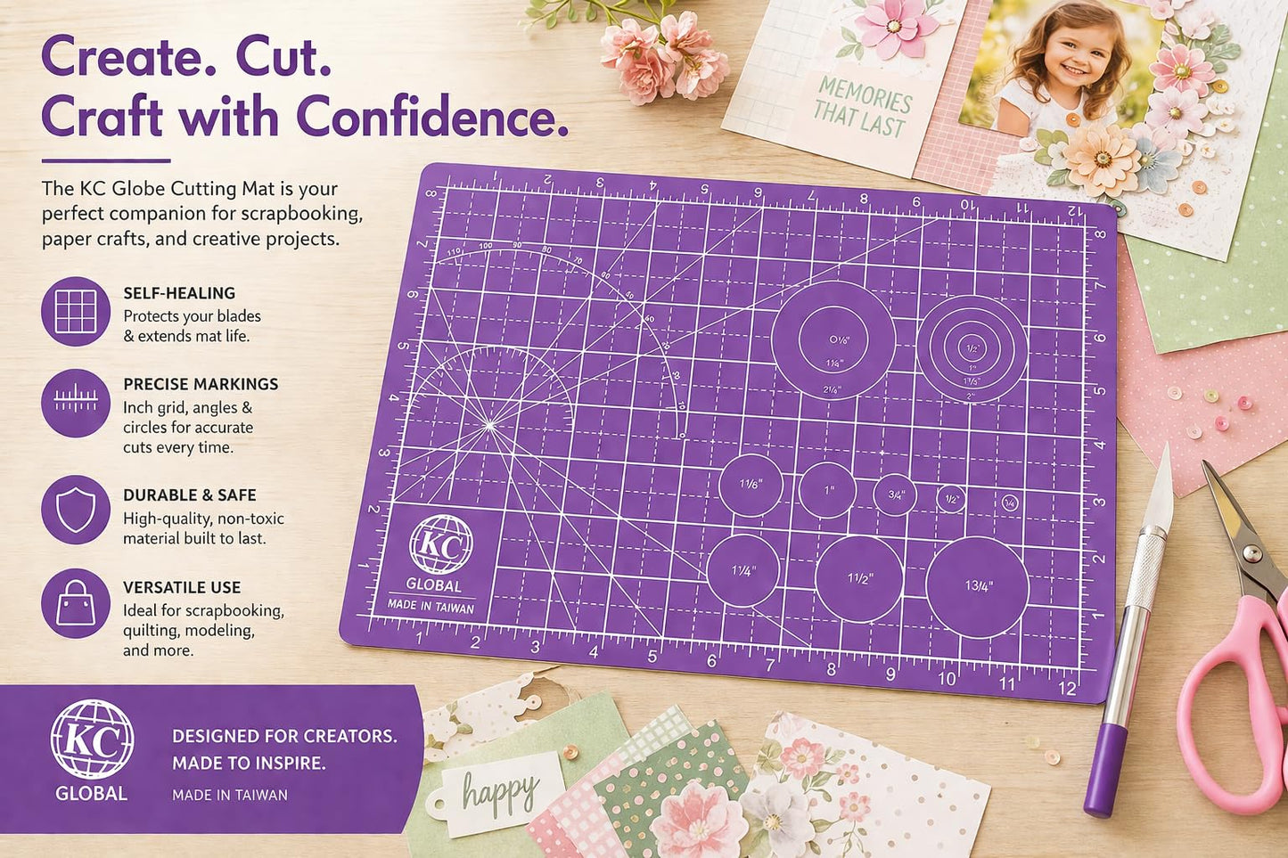 KC GLOBAL A4 (13"x9") Professional Grade Self-Healing Double-Sided PVC Cutting Mat (Purple) - Odor-Free, Eco-Friendly, Non-Slip, Premium Desk Mat for DIY, Crafting, Model Building and Art Projects