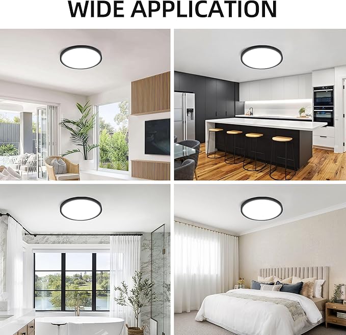 hykolity 12 Inch Selectable CCT LED Round Flat Panel Light, 24W 3000K/4000K/5000K, Edge-Lit Flush Mount Ceiling Light Fixture for Kitchen, Bedroom, Laundry and Closet Room,Black