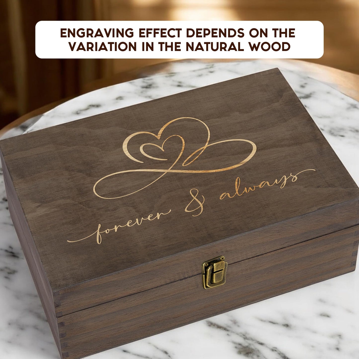 Rustic Wooden Memory Box – Medium Keepsake Storage Box with Double-Sided Engraving – “Forever & Always” Outside & “Every Love Story…” Inside – Personalized Gift for Couples, Wedding, Anniversary