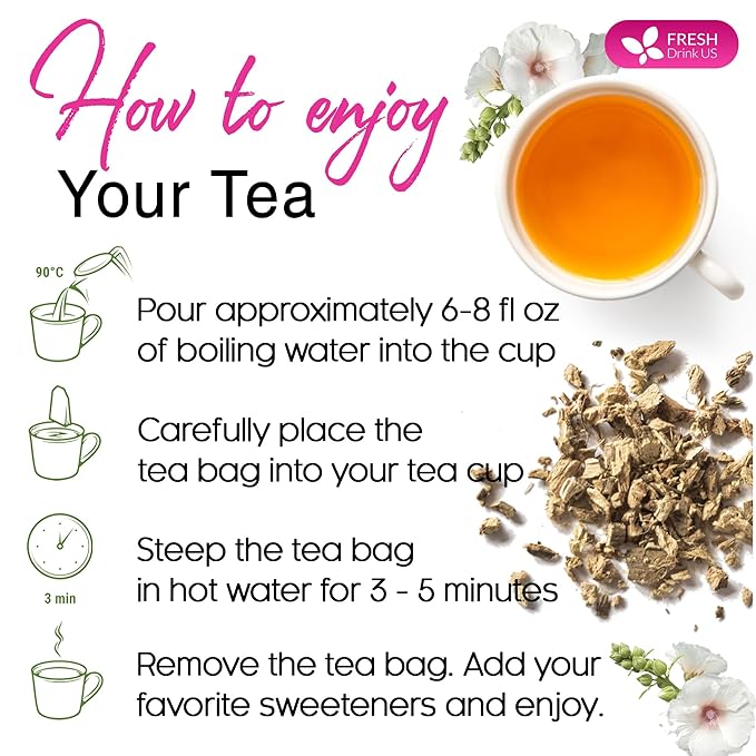 FreshDrinkUS, Premium 55 Marshmallow Root and Leaf Tea Bags, 100% Natural & Pure. Loose Leaf Marshmallow Herbal Tea. Made with Eco-Conscious Tea Bags. No Sugar, No Caffeine, No Gluten, Vegan.