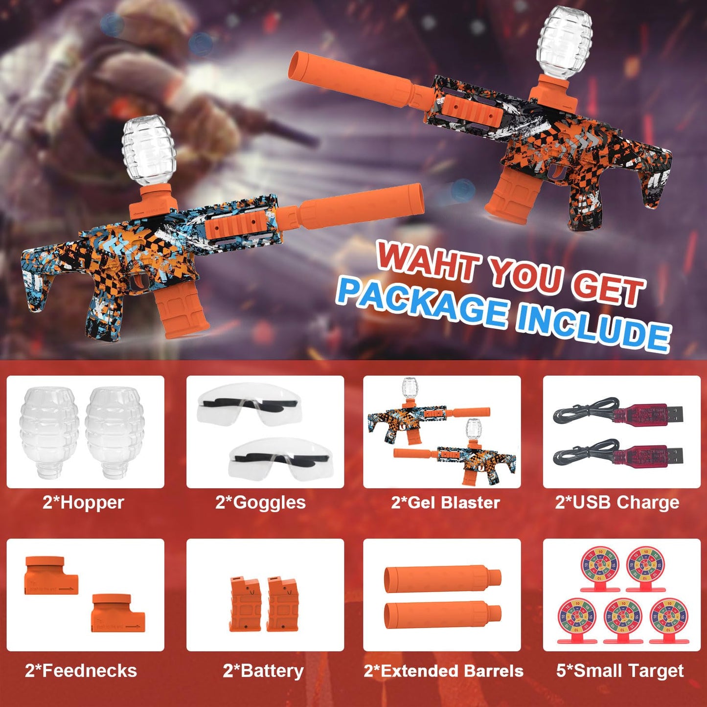 2 Pack Gel Ball Blaster Automatic Electric Splatter Ball Toy 10 Rounds Per Seconds with Rechargeable Batteries, Line, Goggles and Target - Outdoor Activities Team Game Toy Age 14+
