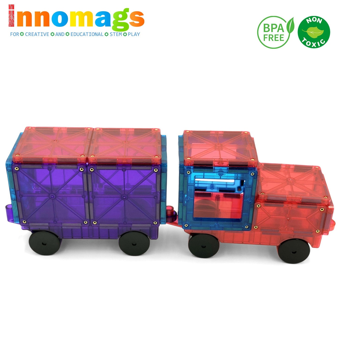Innomags Magnet Tiles 110 Piece Magnetic Building Blocks Jumbo Tile Set, Clear 3D Magnetic Tiles Stem Educational Construction Playboards for Kids, Creative Clickins, Wheels, Bag, Safety Certified