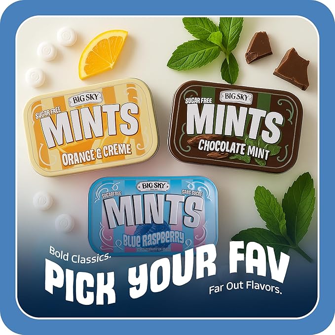 Big Sky Sugar Free Mints Blue Rasberry | No Artificial Colors or Flavors | Kosher, Vegan, Gluten Free | Aspartame & Xylitol Free | 50 Count Tin (Pack of 6)