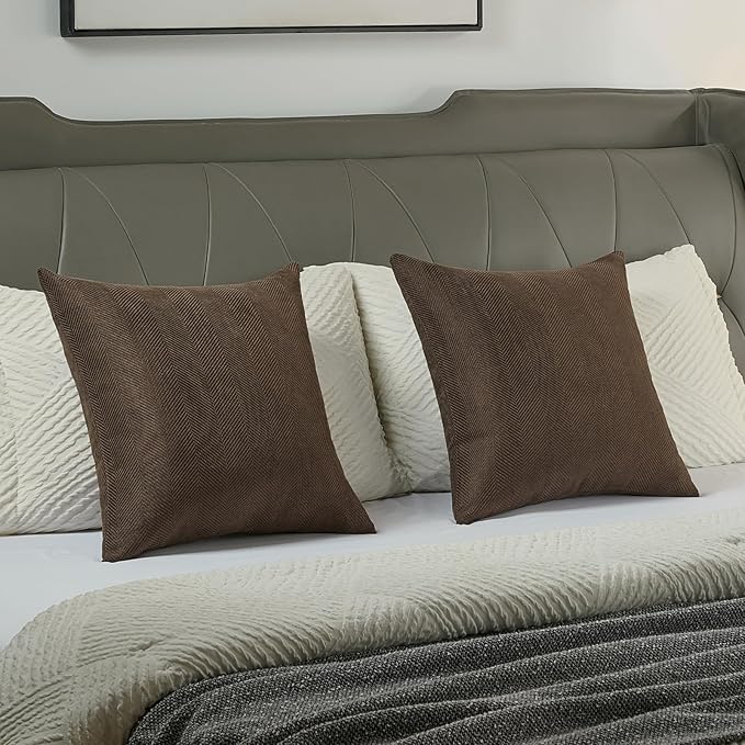 FUTEI Dark Coffee Chenille Throw Pillow Covers 24x24 Inch Set of 2,Soft Wide Chevron Textured European Pillow Shams,Farmhouse Home Decor for Couch Bed Living Room