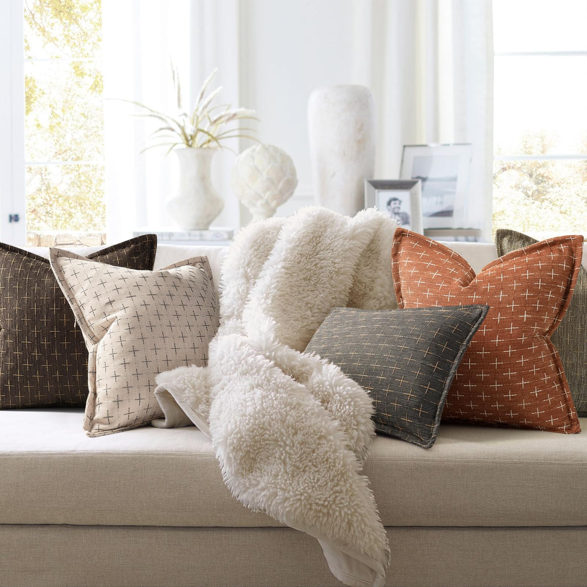 Fall Pillow Covers 22x22 Set of 2 Soft Polyester Textured Rust Pillow Covers with Stylish Flange Edge Cozy Farmhouse Throw Pillows for Couch Bed Sofa Living Room Fall Decor (2 Count)