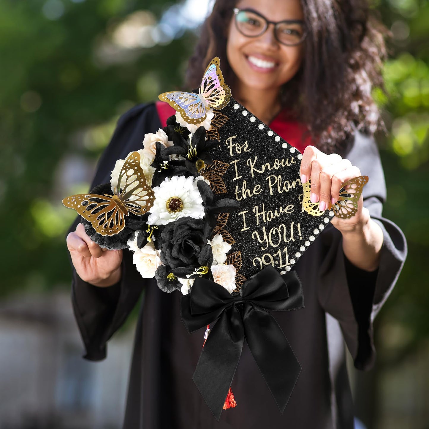 55 Pcs Black Gold DIY Graduation Cap Decorations Faux Assorted Flowers White Bows 3D Butterfly Stickers Glitter Alphabet Letter Number Decals for DIY Hat Grad Cap Topper Graduation Party Supplies