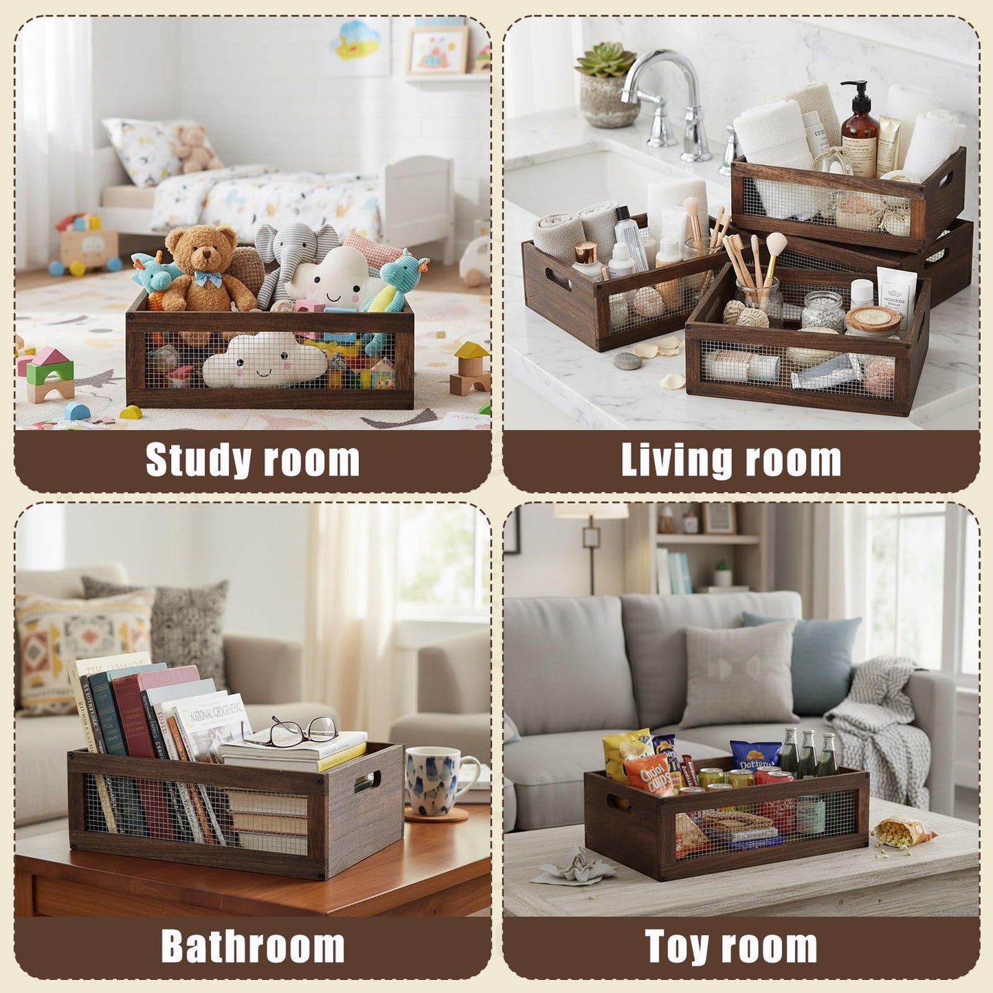 4 Pcs Wooden Countertop Baskets for Kitchen Bathroom, Easy Self-assembly Rustic Nesting Boxes with Handle and Wire Mesh, Multipurpose Wooden Crates for Fruit, Include Screws (Medium,Burnt Wood Finish)
