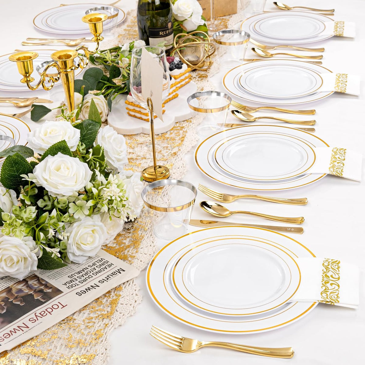 I00000 350Pcs Gold Dinnerware Set for 50 Guests, Gold Plastic Plates for Party, Include: 100 Disposable Plastic Plates, 50 Paper Napkins, 50 Cups, 50 Silverware Set Perfect for Party & Wedding