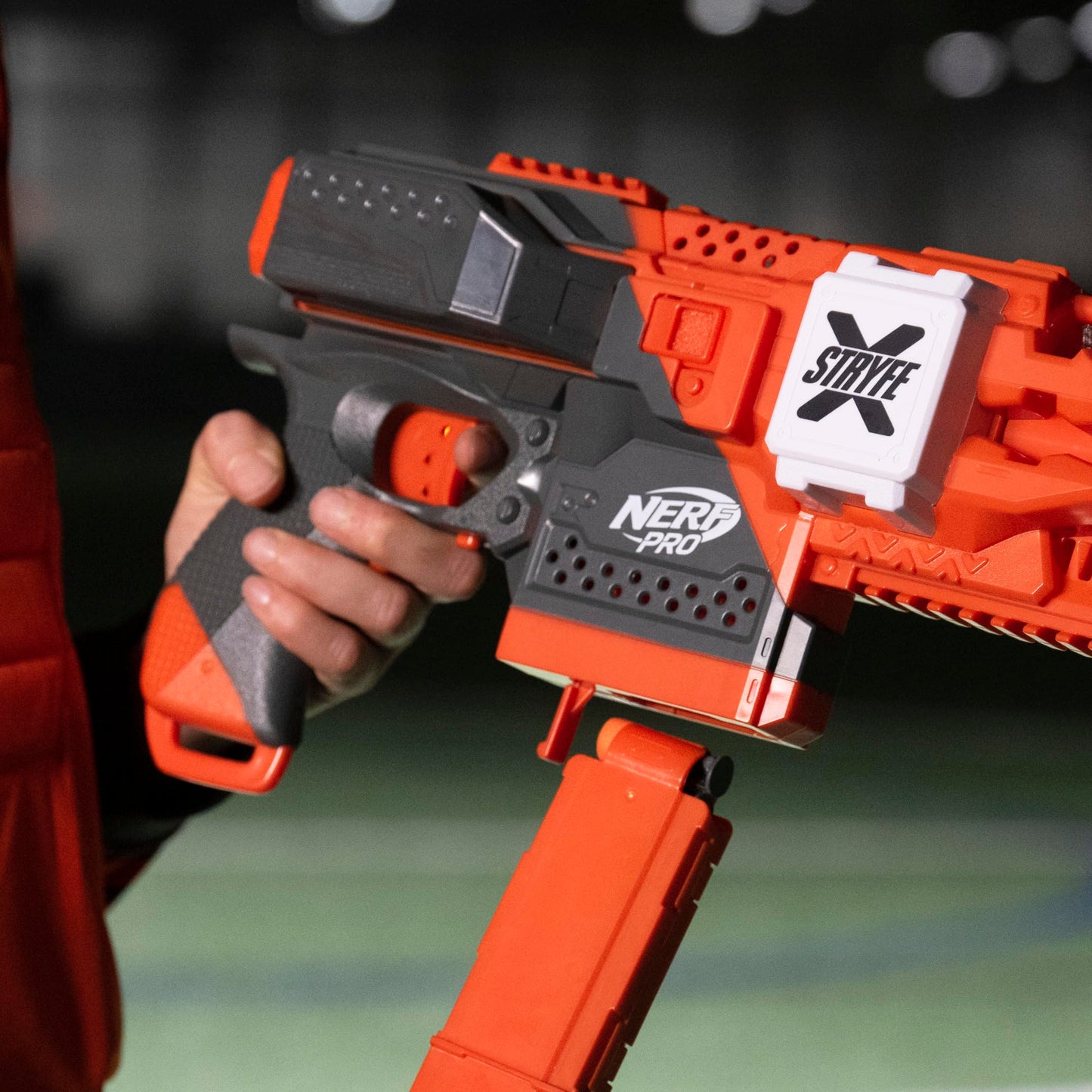 NERF Pro Stryfe X Dart Semi-Auto Blaster, Rechargeable LiPo Battery, 30 AccuStrike Half-Length Darts, 15-Dart Magazine, 150 FPS, Eyewear, 14+ (Amazon Exclusive)