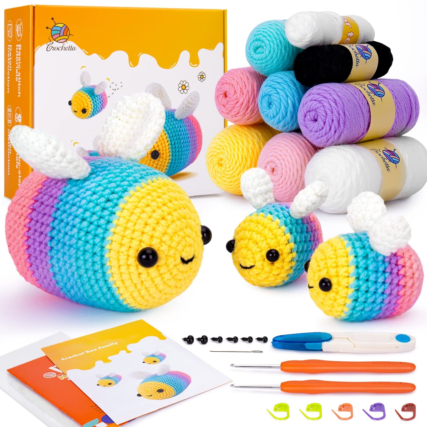 Crochetta Crochet Kit for Beginners, Beginner Crochet Starter Kit with Step-by-Step Video Tutorials, Beginner Crochet Kit for Adults Kids, Knitting Kit for Beginners, Bee Family (Yellow)