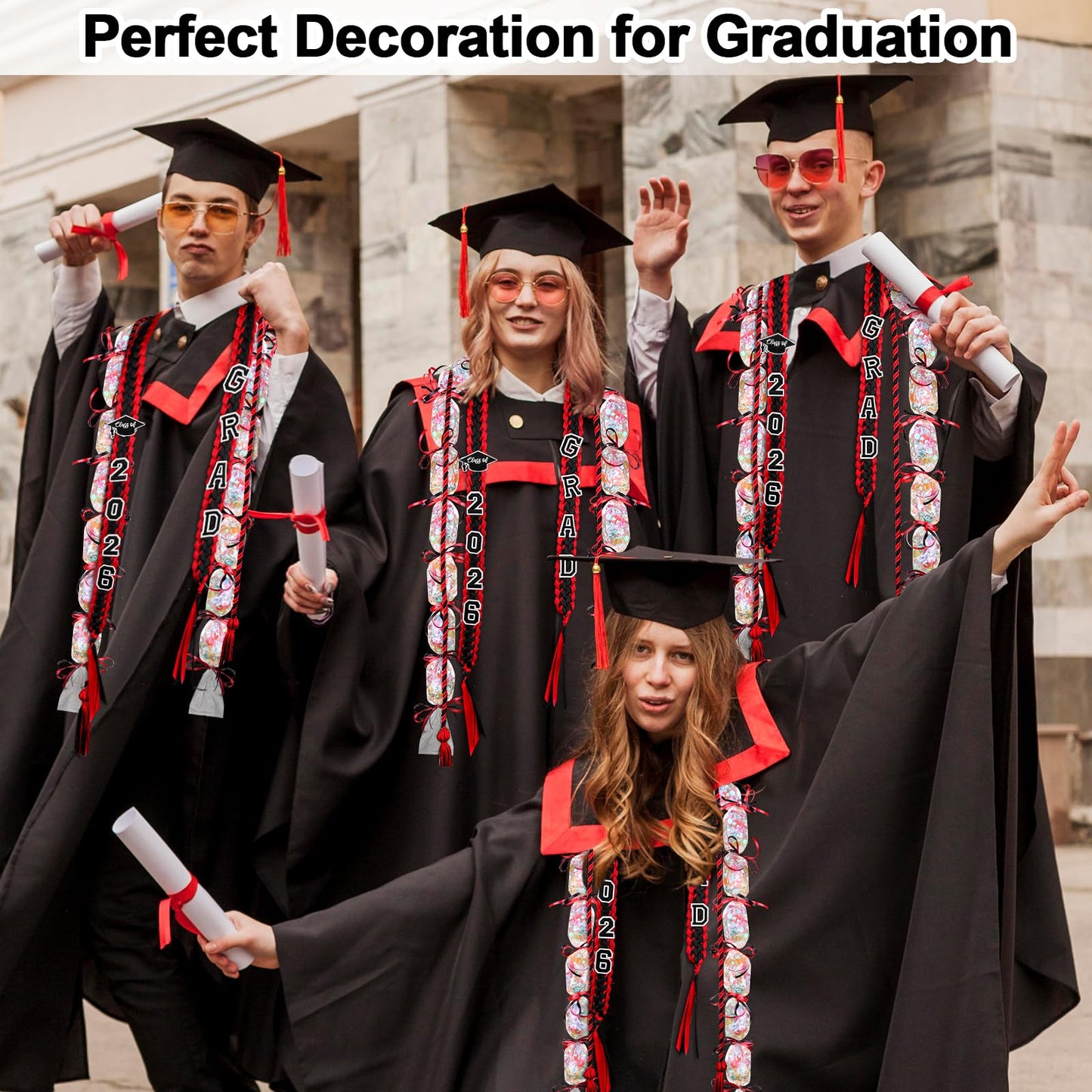 Eshylala Graduation Ribbon Lei Class of 2026 Graduation Leis Kit Grad Handmade Double Braided Necklace Honor Cord with Tassel and Number Patch Set for Graduation Party School Gift (Red)