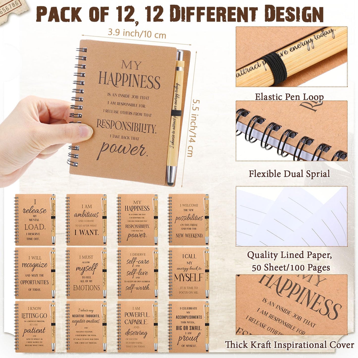Pasimy 24 Pcs/12 Set Bulk Positive Affirmation Spiral Notebooks with Bamboo Pen Daily Affirmation Gift Set Motivational Encouragement Notepad Small Journals 5.5 x 3.9 Inch for Women Self Care