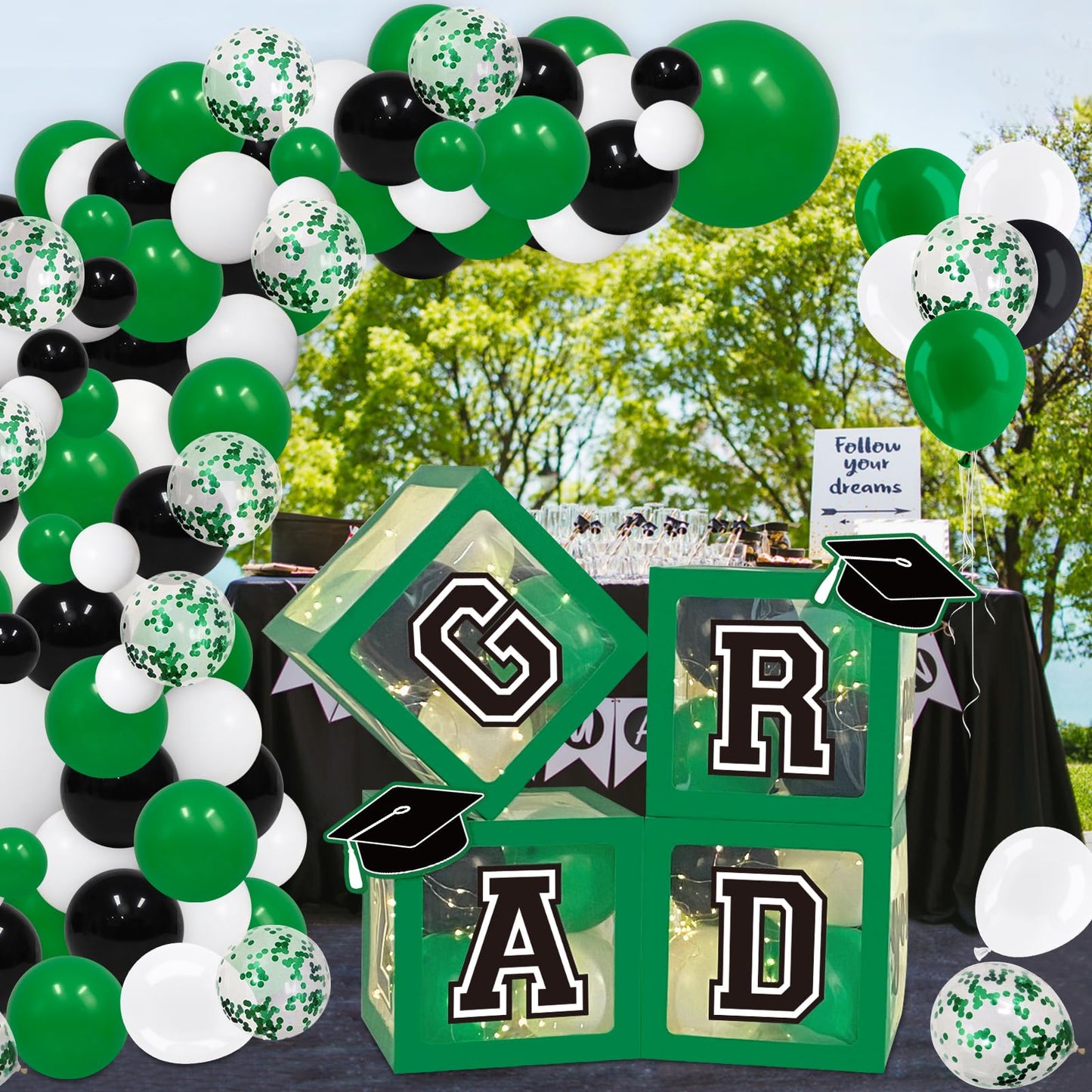 DAZONGE Graduation Decorations 2026, Set of 4 Green Graduation Boxes with 139pcs Balloon Arch Garland Kit & 4 String Lights - So Proud of You Class of 2026 Decorations