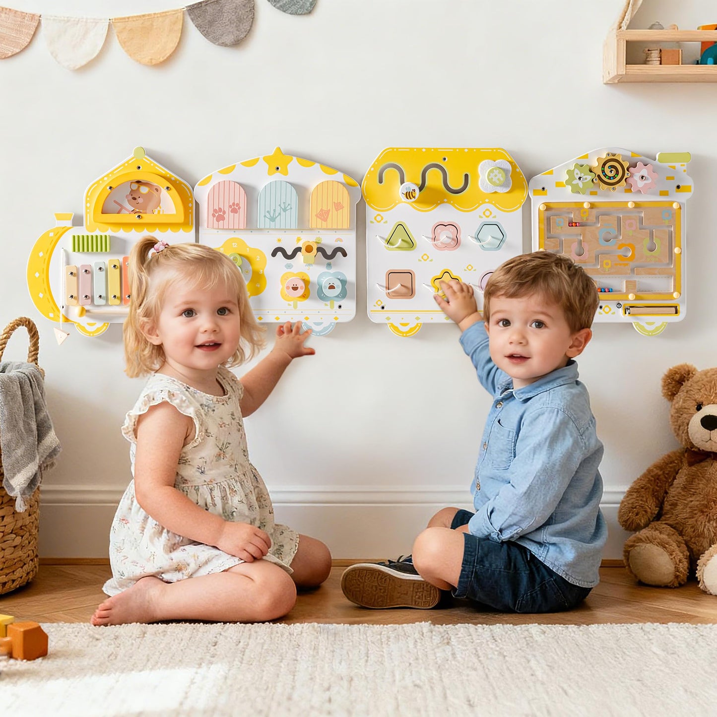 ROBUD Activity Wall Busy Board, Spring Train Montessori Busy Board, 12-in-1 Wooden Sensory Wall Panel, Montessori Sensory Wall Panel for Boys & Girls, Ideal for Toddler Playroom Nursery Classroom