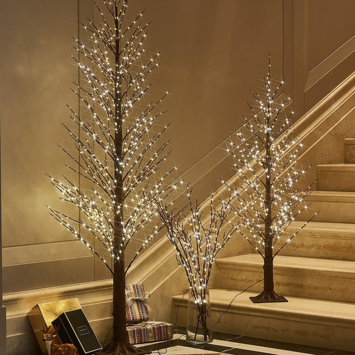 Fudios Lighted Branches Plug in 32IN 200 LED Mantle Winter Decor, Brown Twig Branch Lights for Christmas Holiday Party Indoor Outdoor